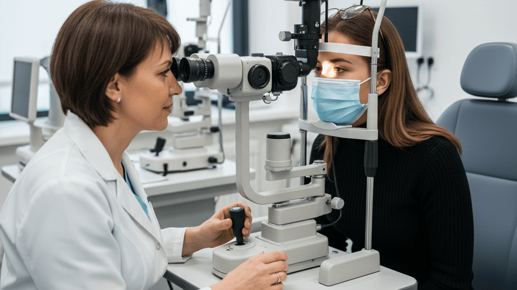Médica realizando exame oftalmológico em paciente